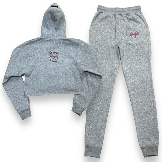 Wifey Material Crop Hoodie Sweatsuit (Heather Gray)